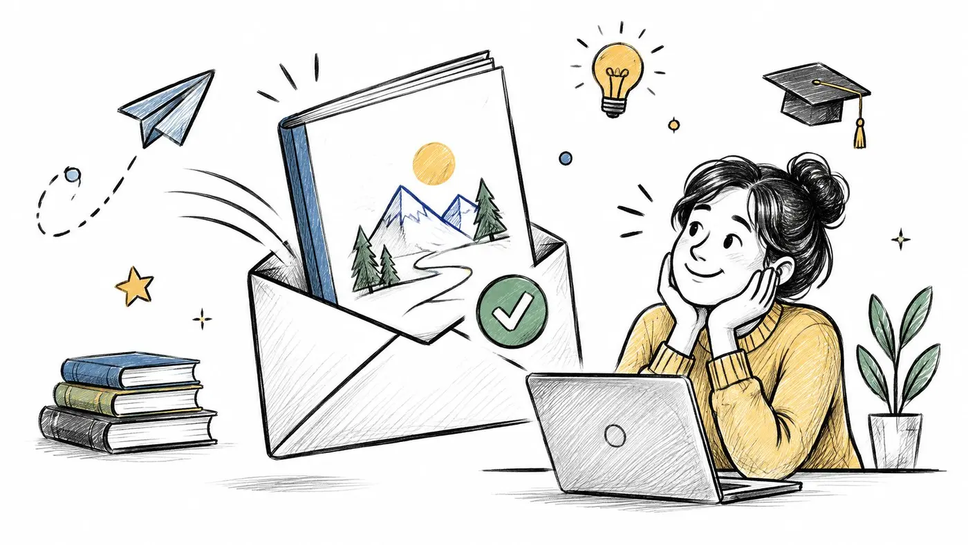 A happy person working on a laptop with a digital letter containing an illustration emerging nearby.