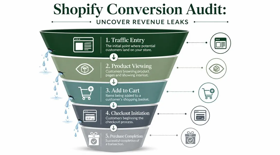 A funnel diagram illustrating the five stages of a Shopify conversion audit to uncover revenue leaks.