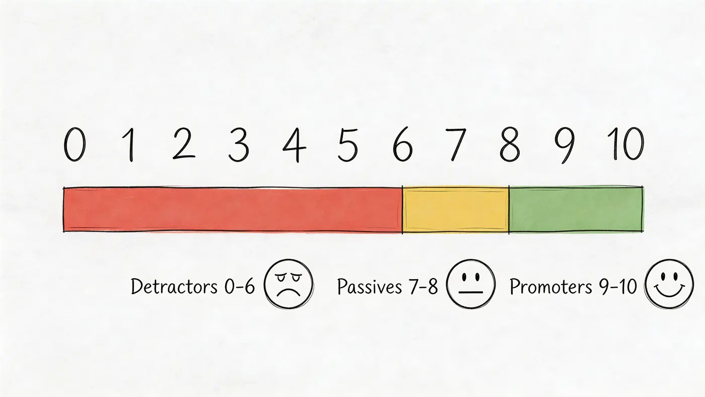 Net Promoter Score scale ranging from zero to ten with detractors, passives, and promoters categories displayed.