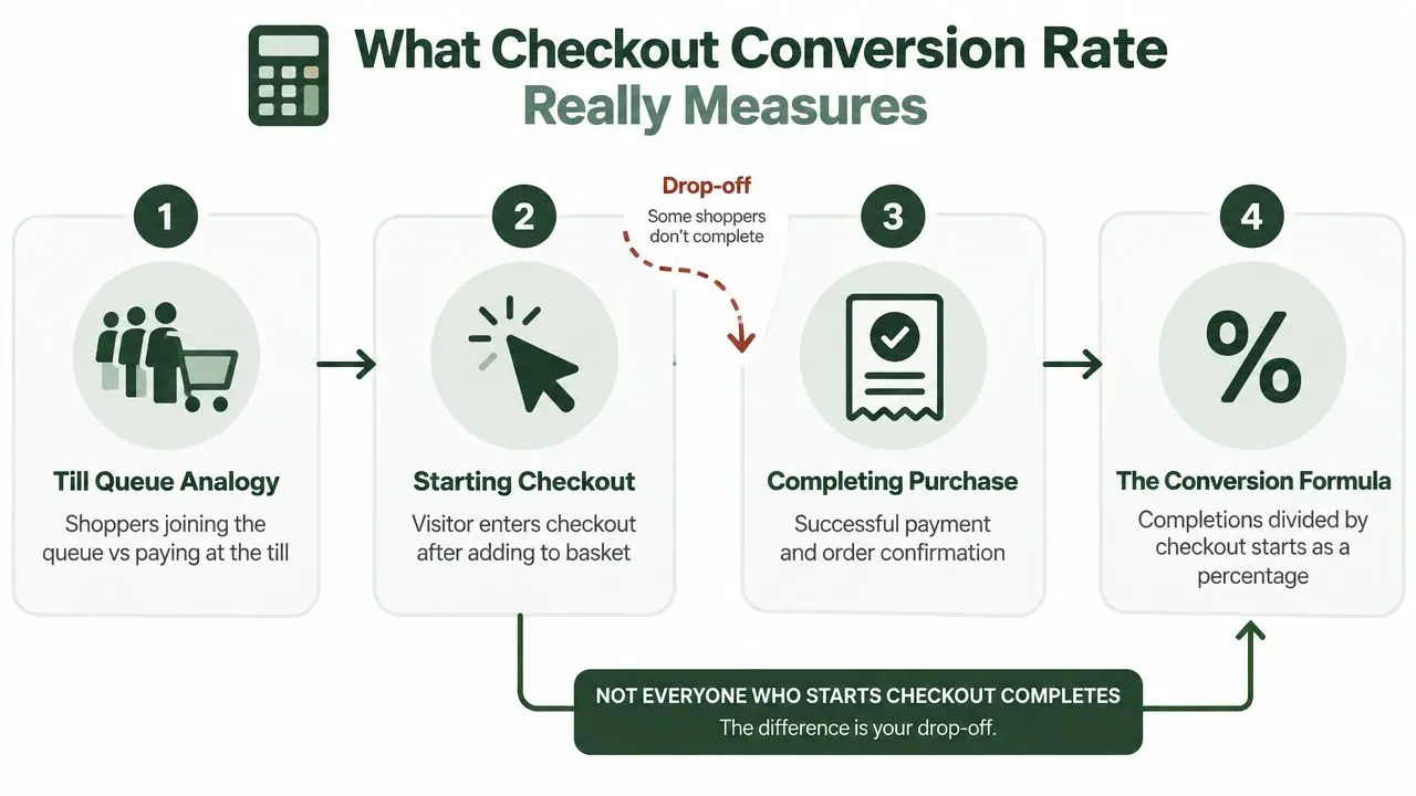 An infographic explaining the checkout conversion rate process, from starting a purchase to completion and calculation.