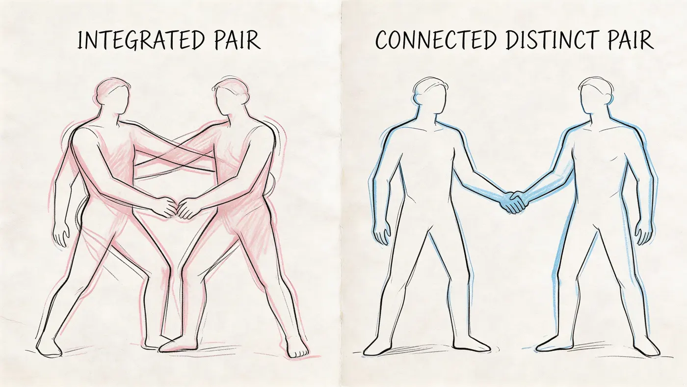 A diagram contrasting two human figures in an integrated pair versus a connected distinct pair relationship.