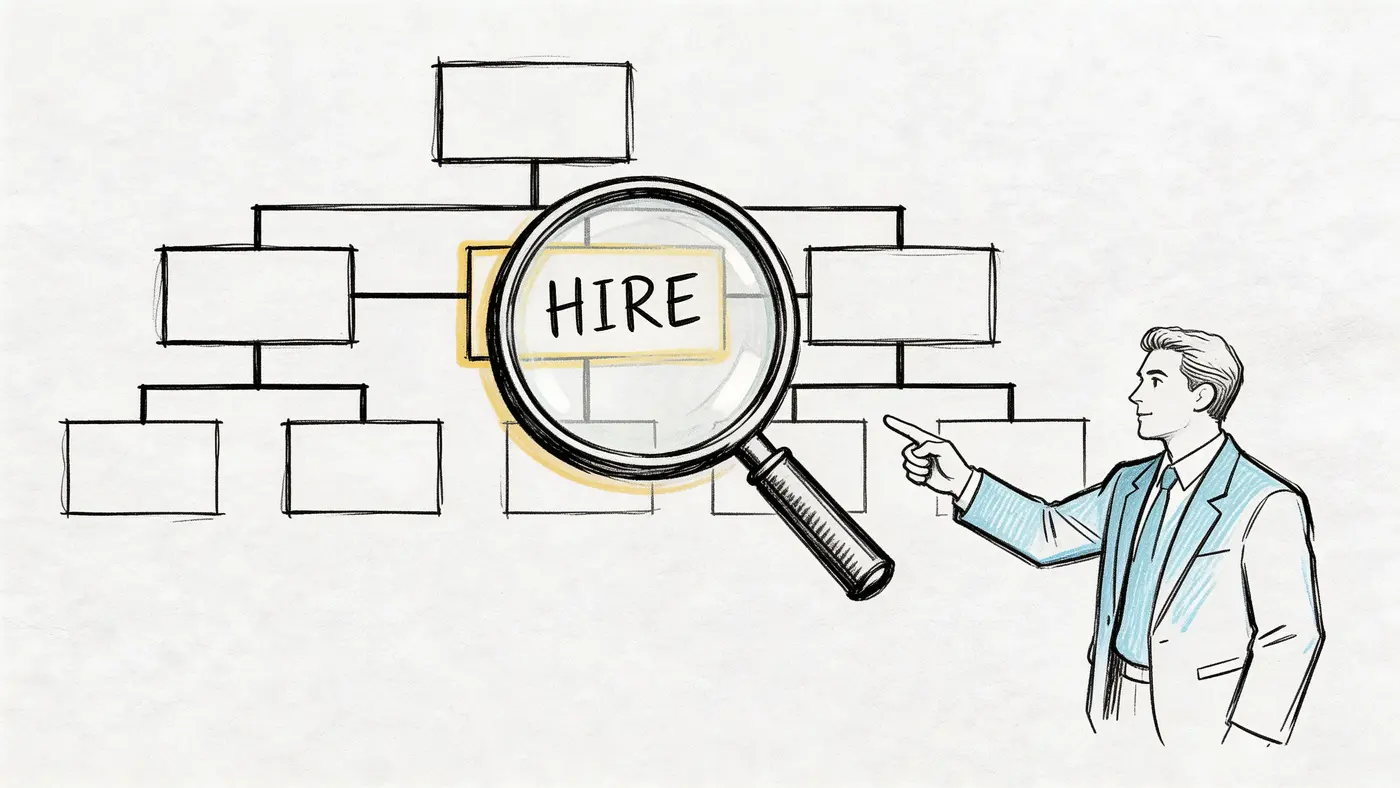 A professional man pointing at a business organizational chart highlighted by a magnifying glass labeled HIRE.