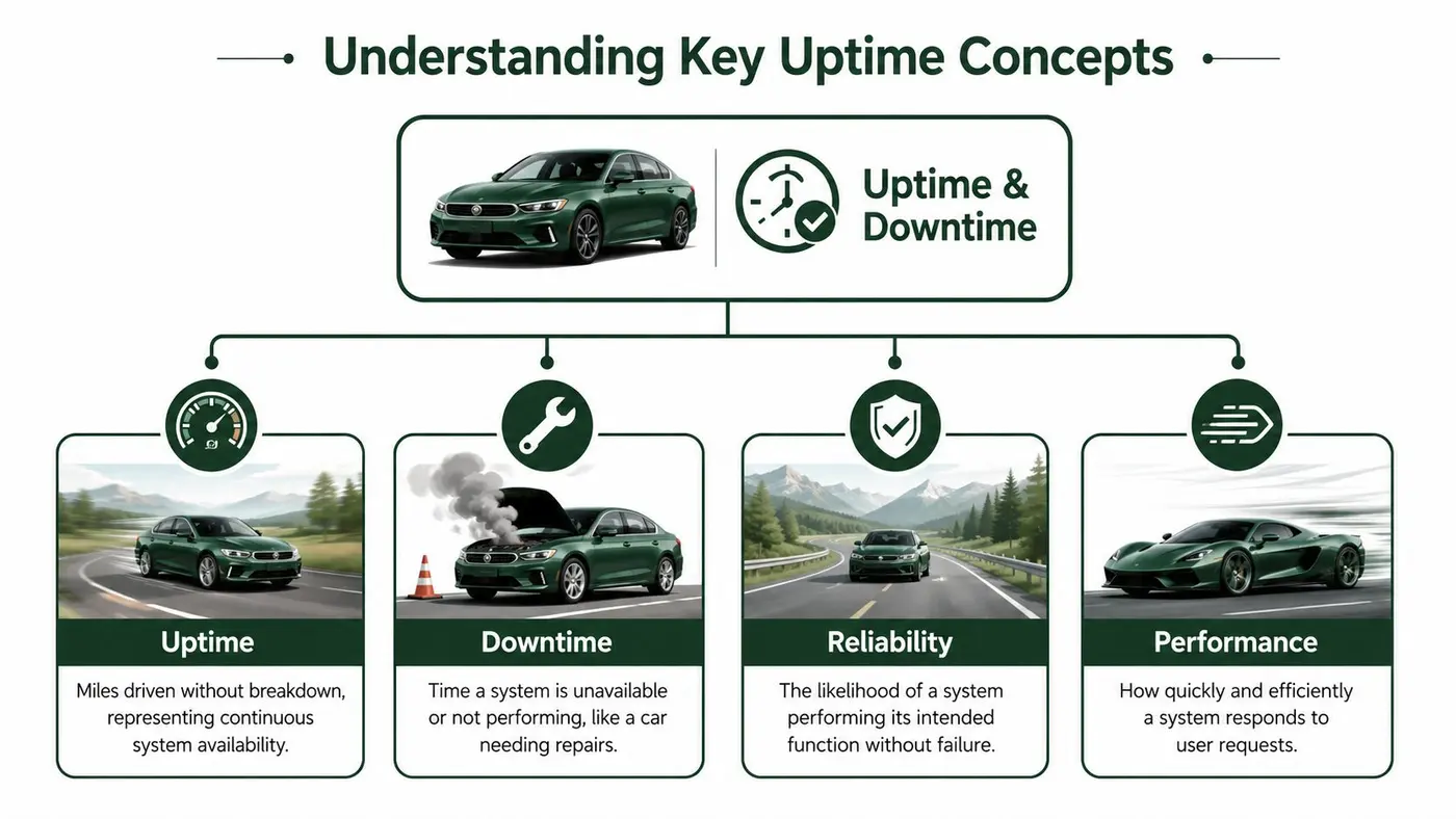 An infographic illustrating uptime concepts including uptime, downtime, reliability, and performance using car metaphors.