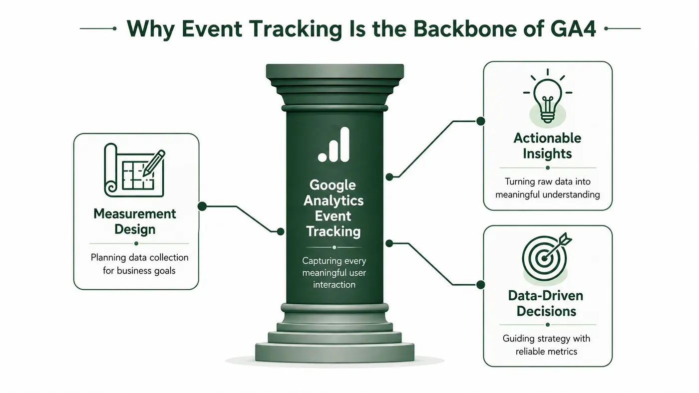 A visual infographic showing Google Analytics event tracking as a central pillar for data-driven business success.