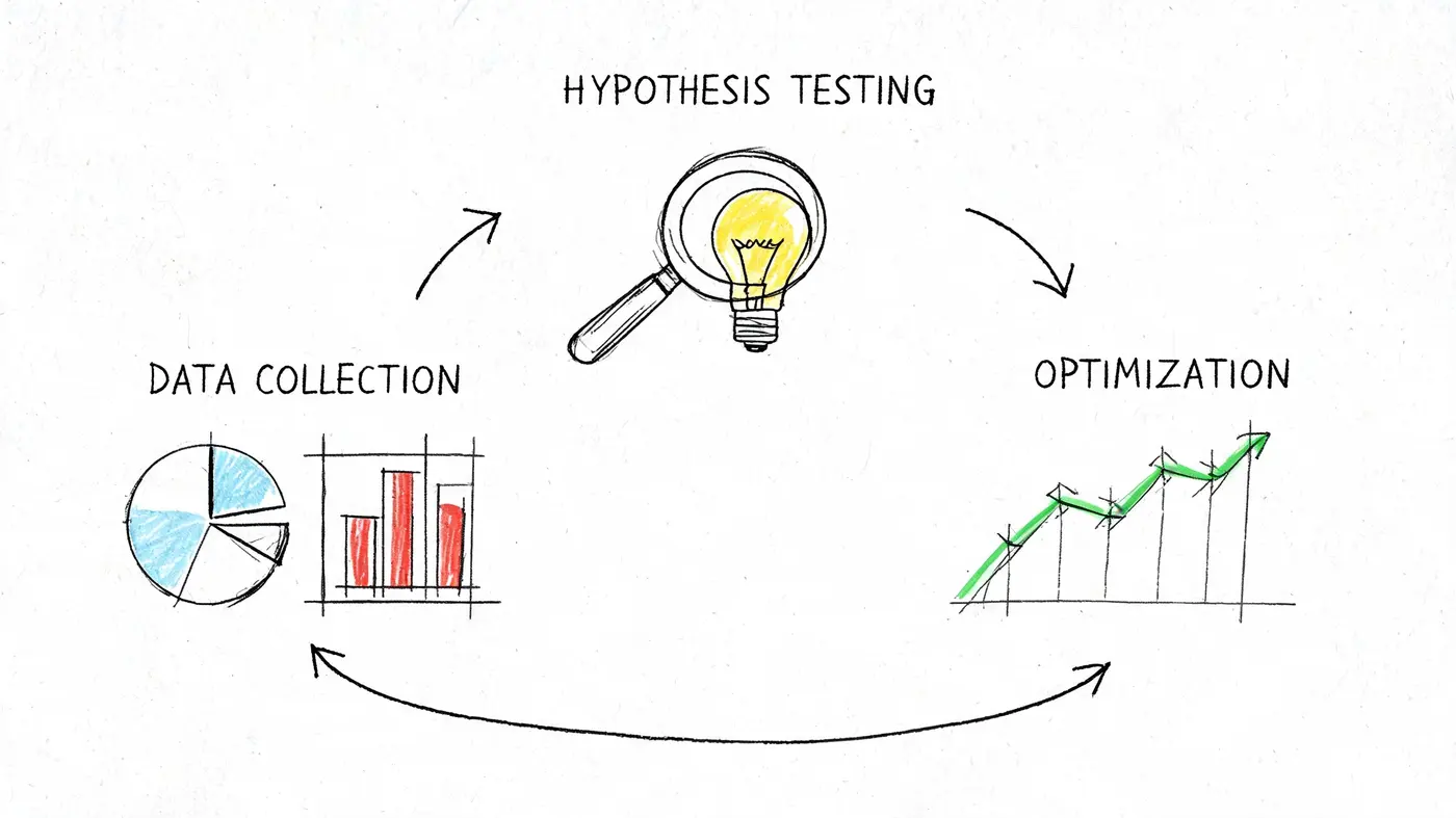 A conceptual diagram showing the cyclical process of data collection, hypothesis testing, and optimization for business strategy.