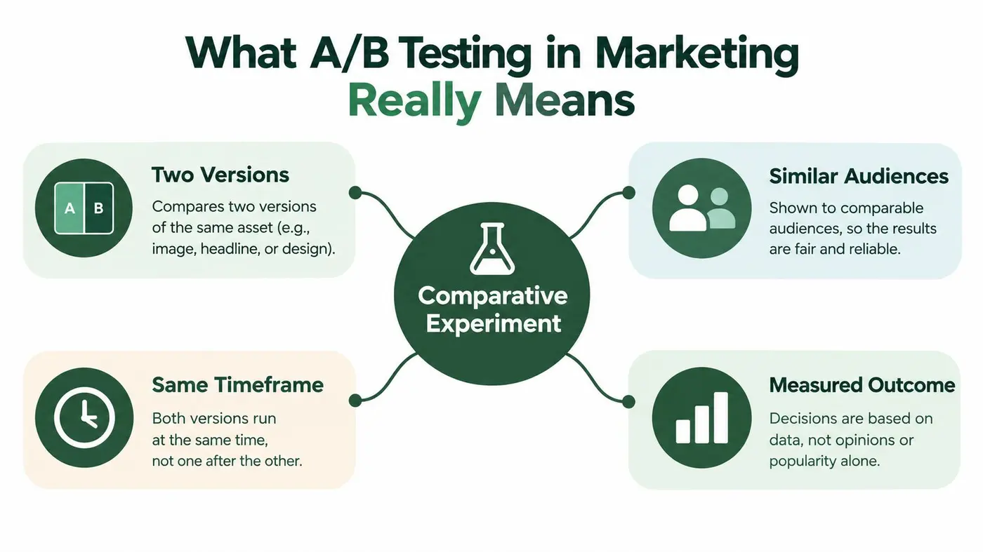 A diagram explaining the core concepts of A/B testing in marketing, including versions, audiences, timing, and outcomes.