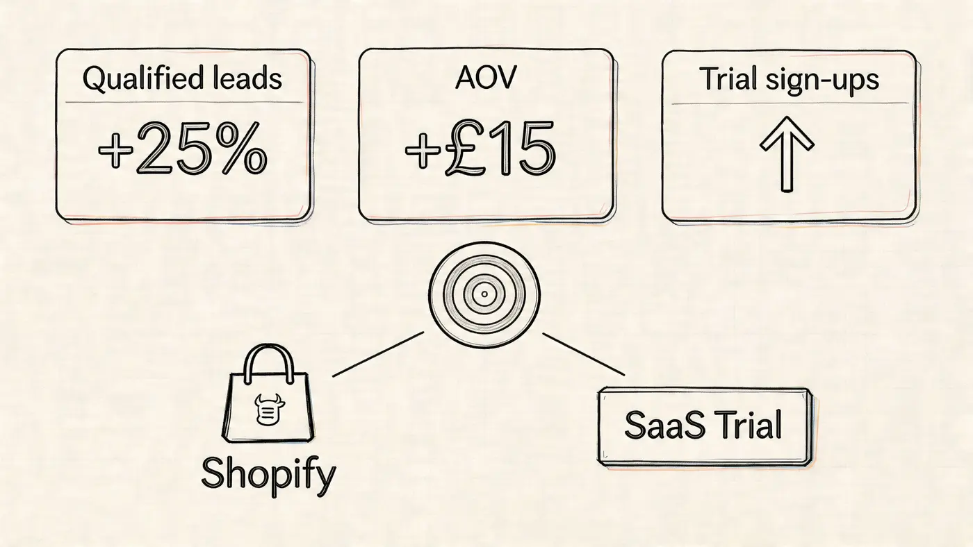 A hand-drawn illustration showing growth in qualified leads, AOV, and trial sign-ups for Shopify and SaaS businesses.
