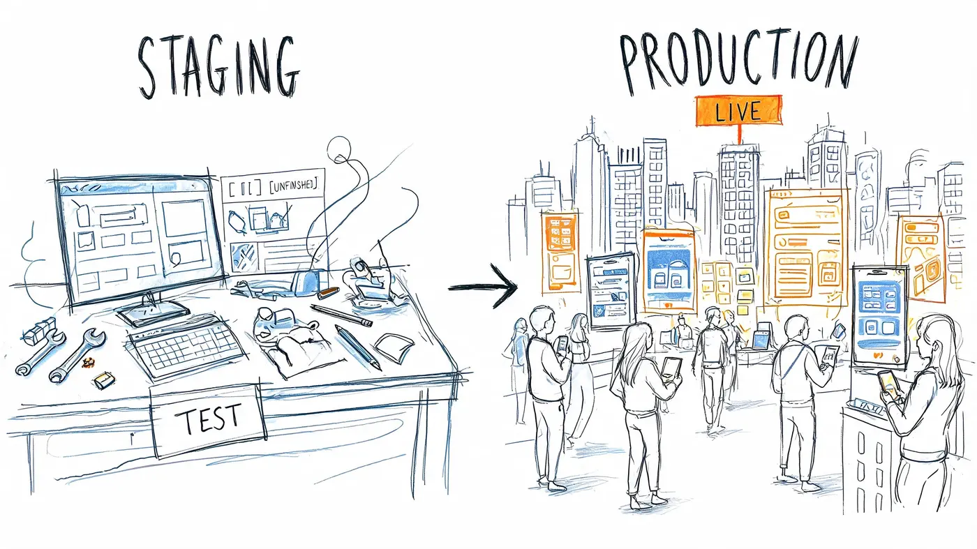 A conceptual sketch illustrating the transition from a staging testing environment to a live production city environment.