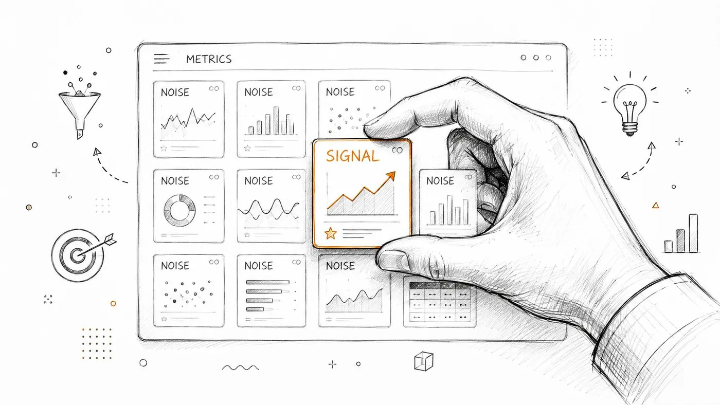 A hand selecting a signal metric card from a dashboard of noise metrics in a sketched style.