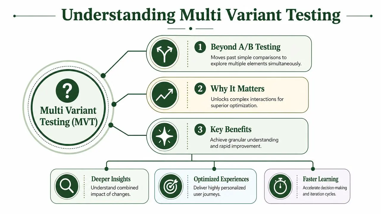 An infographic illustrating Multi Variant Testing with key components including benefits, methodology, and strategic optimization process.
