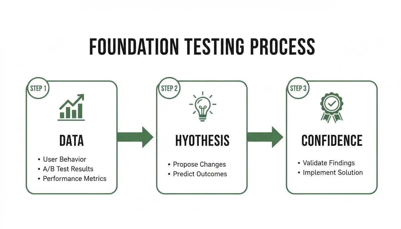 A three-step diagram outlining the foundation testing process: Data, Hypothesis, and Confidence steps.