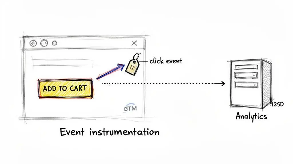 Diagram showing 'Add to Cart' button click event sent to Analytics via GTM for measurement.