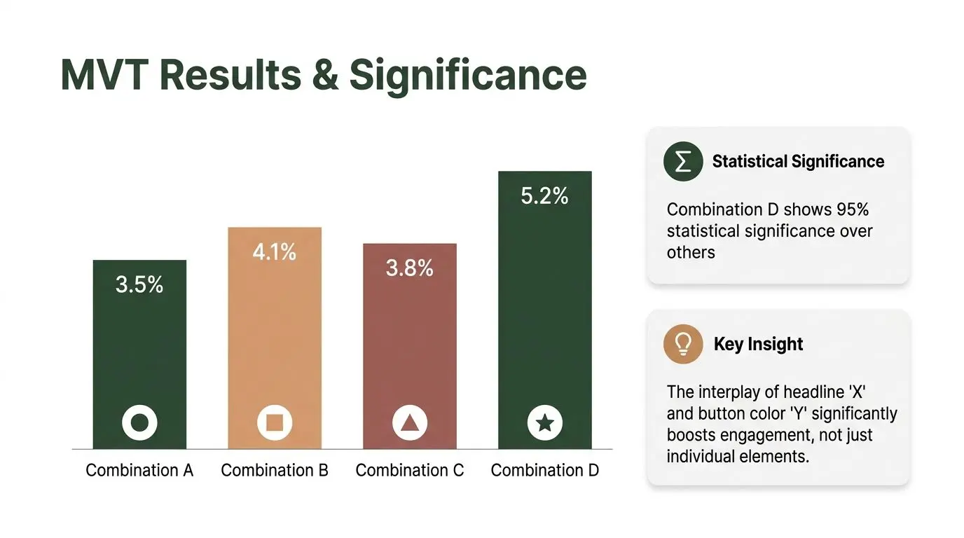 A bar chart titled MVT Results and Significance showing engagement percentages for four different combinations of variables.