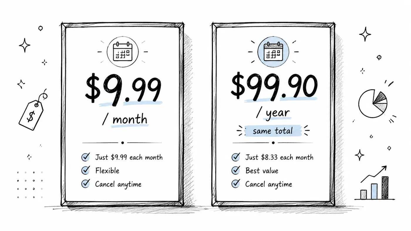 A sketched comparison table showing a monthly subscription of $9.99 versus an annual plan of $99.90.
