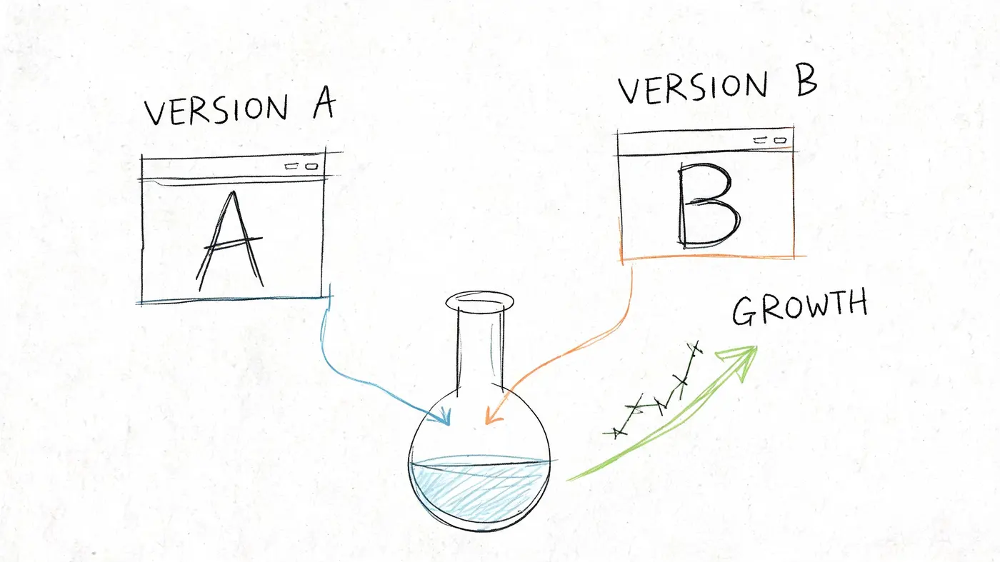 A hand-drawn sketch illustrating A/B testing, showing two webpage versions contributing to a central flask representing growth.