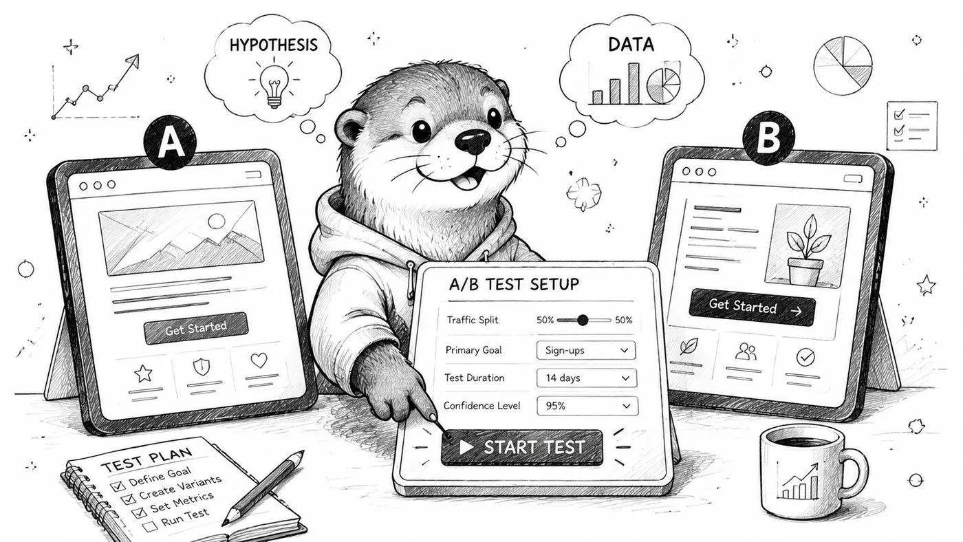 A cute otter in a hoodie setting up an A/B test on a tablet for website conversion optimization.
