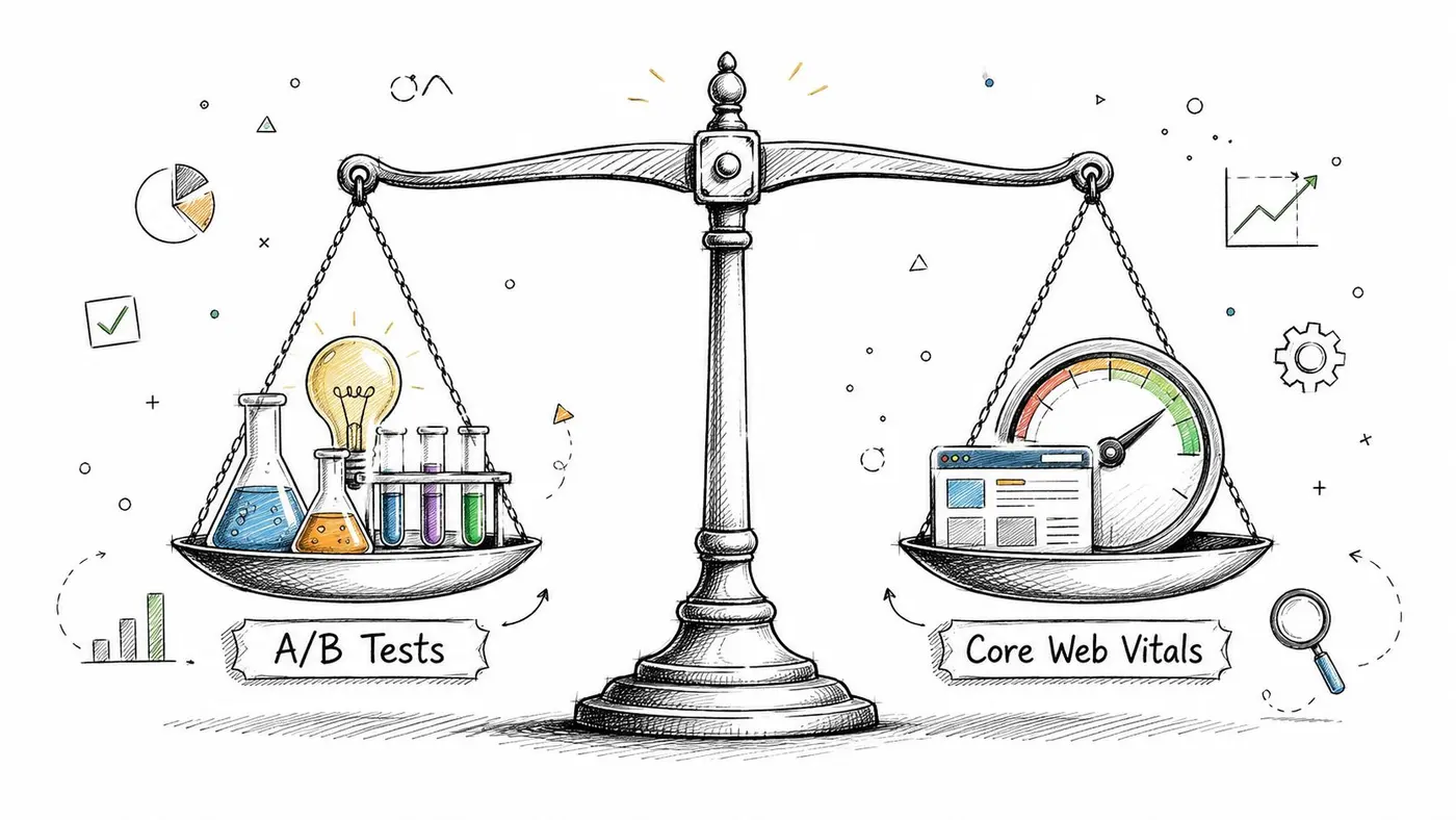 A conceptual scale illustration balancing science-themed A/B tests against Core Web Vitals speed performance metrics.