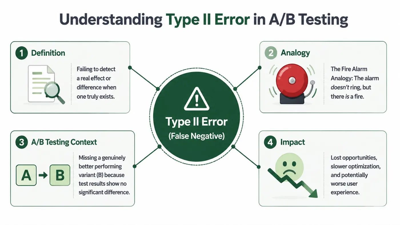 An infographic explaining Type II errors in A/B testing, covering definition, analogy, context, and impact.
