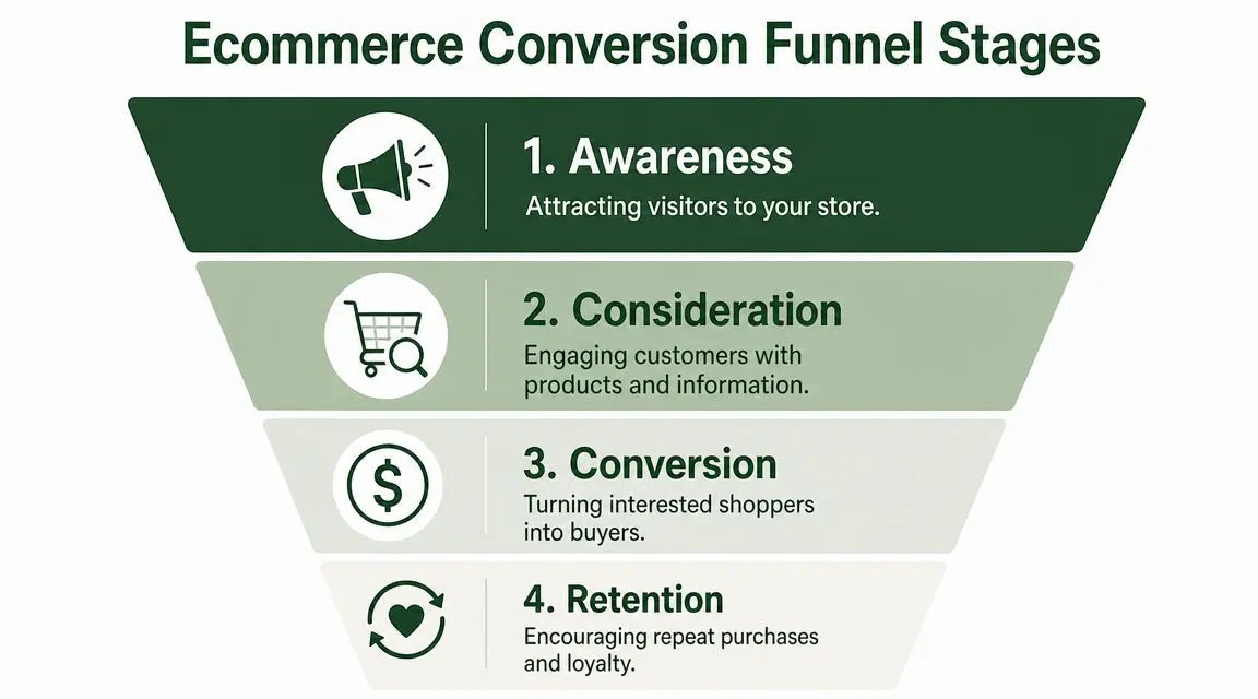 A four-stage ecommerce conversion funnel diagram showing awareness, consideration, conversion, and retention processes for online stores.