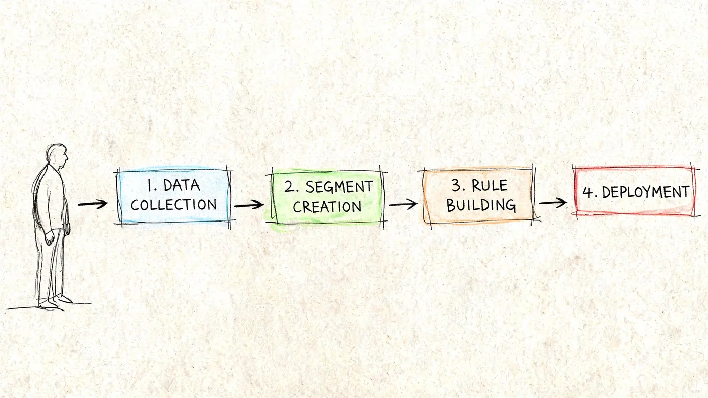 A hand-drawn flowchart illustrating the four-step process of data collection, segment creation, rule building, and deployment.