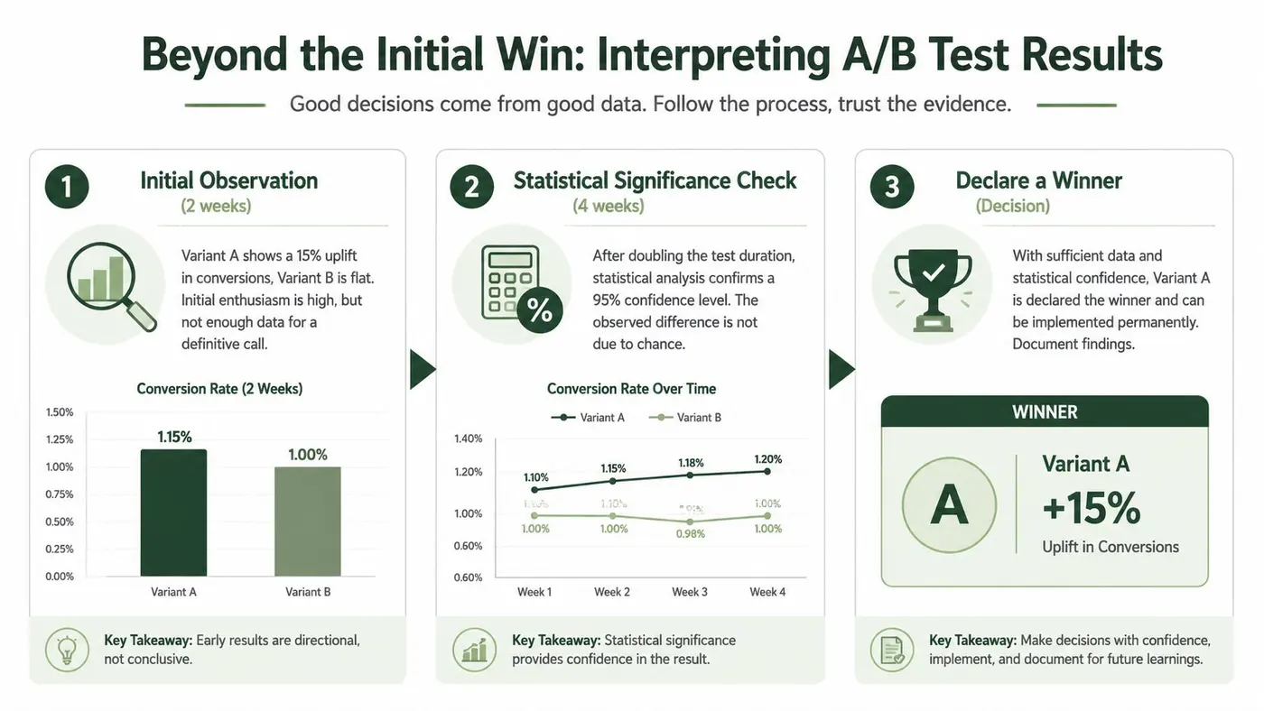 A three-step infographic explaining the process of interpreting A/B test results to make data-driven business decisions.