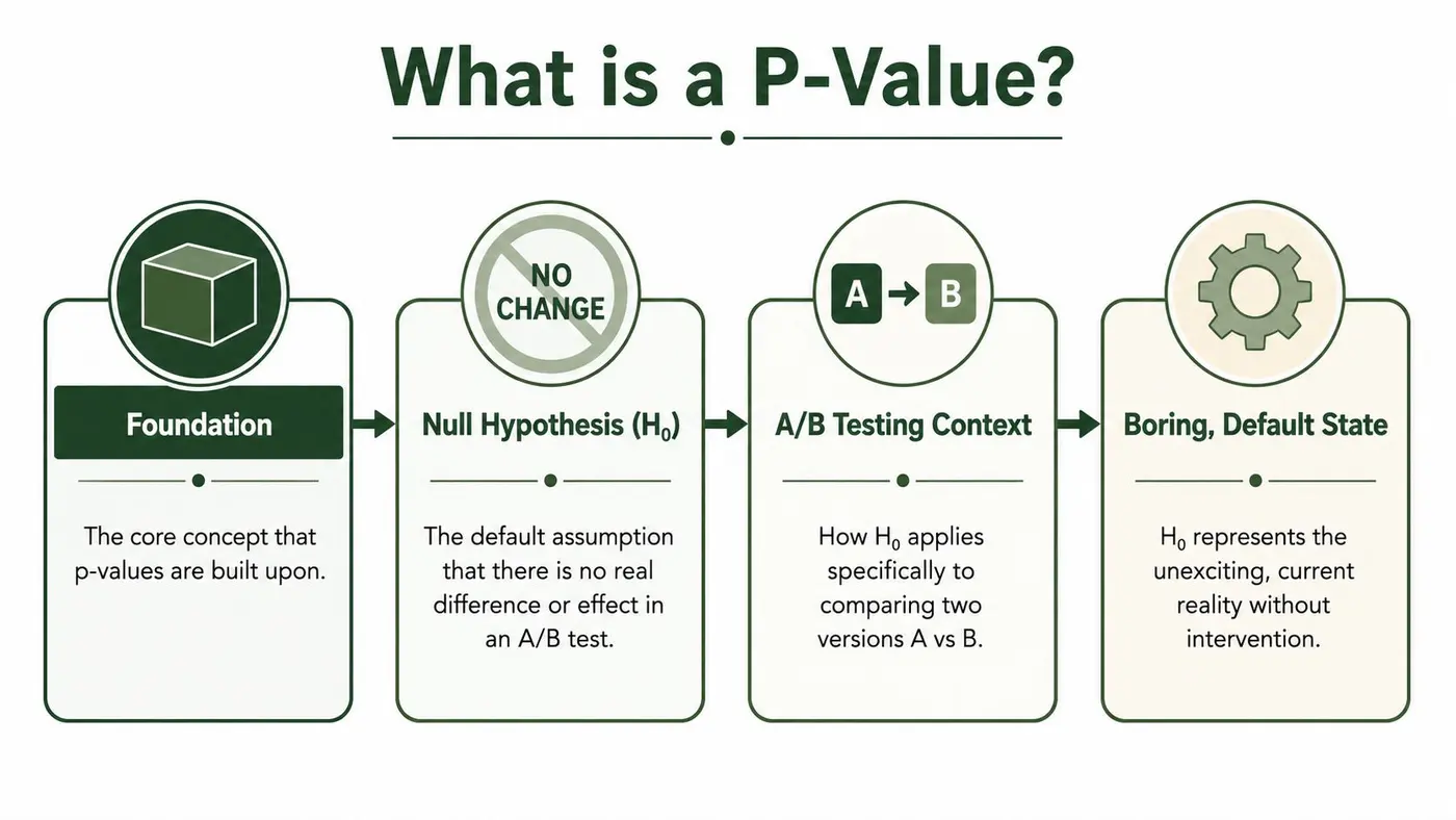 An infographic diagram explaining the foundation and concept of the null hypothesis in A/B testing.