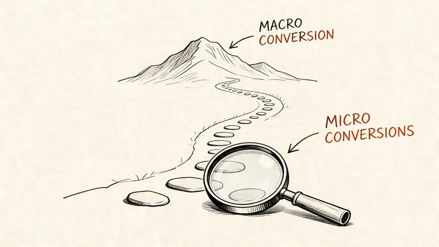 A conceptual sketch showing a winding stone path leading to a mountain peak representing conversion progress.
