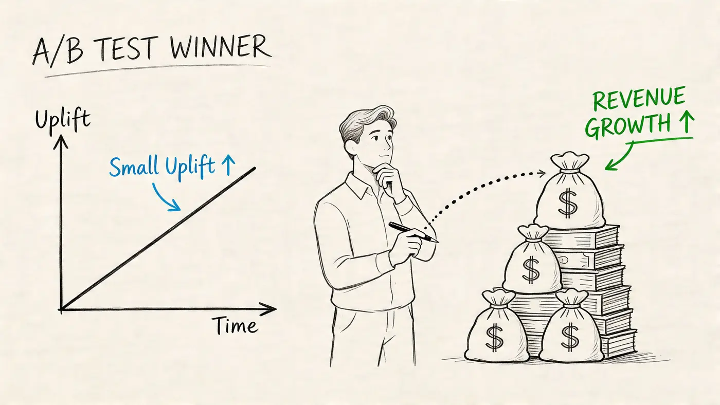 A hand-drawn illustration depicting a person calculating revenue growth from an A/B test result.