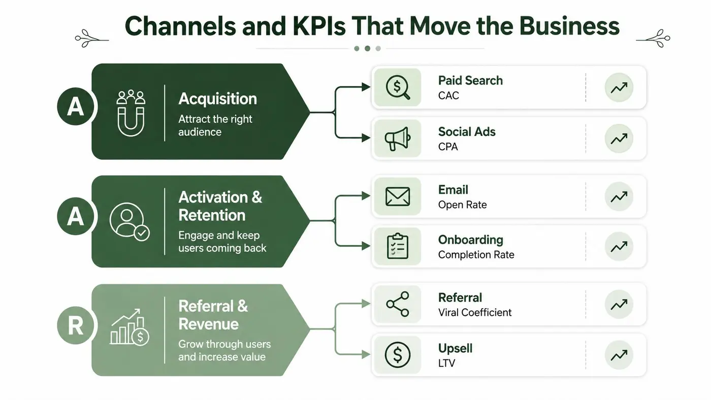A diagram illustrating growth marketing stages: Acquisition, Activation and Retention, and Referral and Revenue with corresponding KPIs.