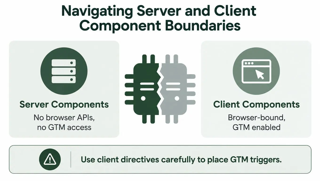 A diagram illustrating the difference between Server Components and Client Components in Next.js regarding GTM access.