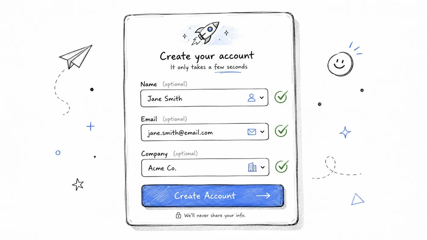 A hand-drawn style sign-up form titled Create your account with fields for name, email, and company.