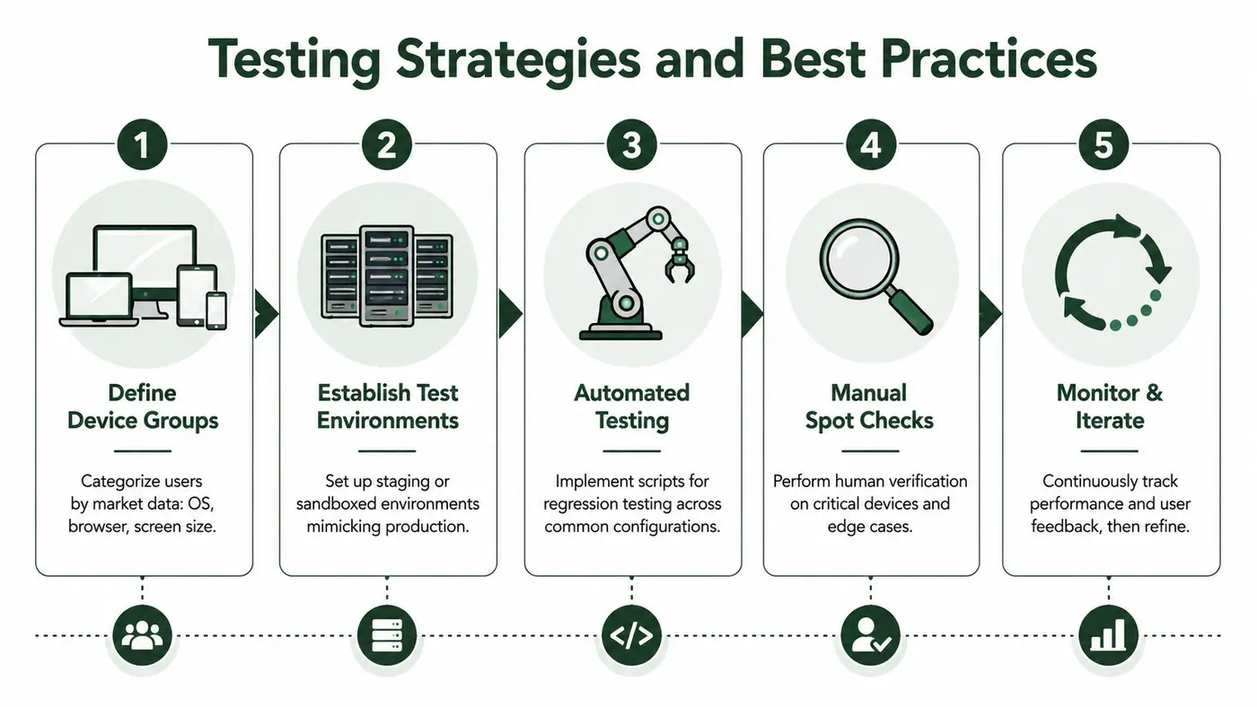 A five-step infographic illustrating a strategic approach to software testing across various device configurations and environments.