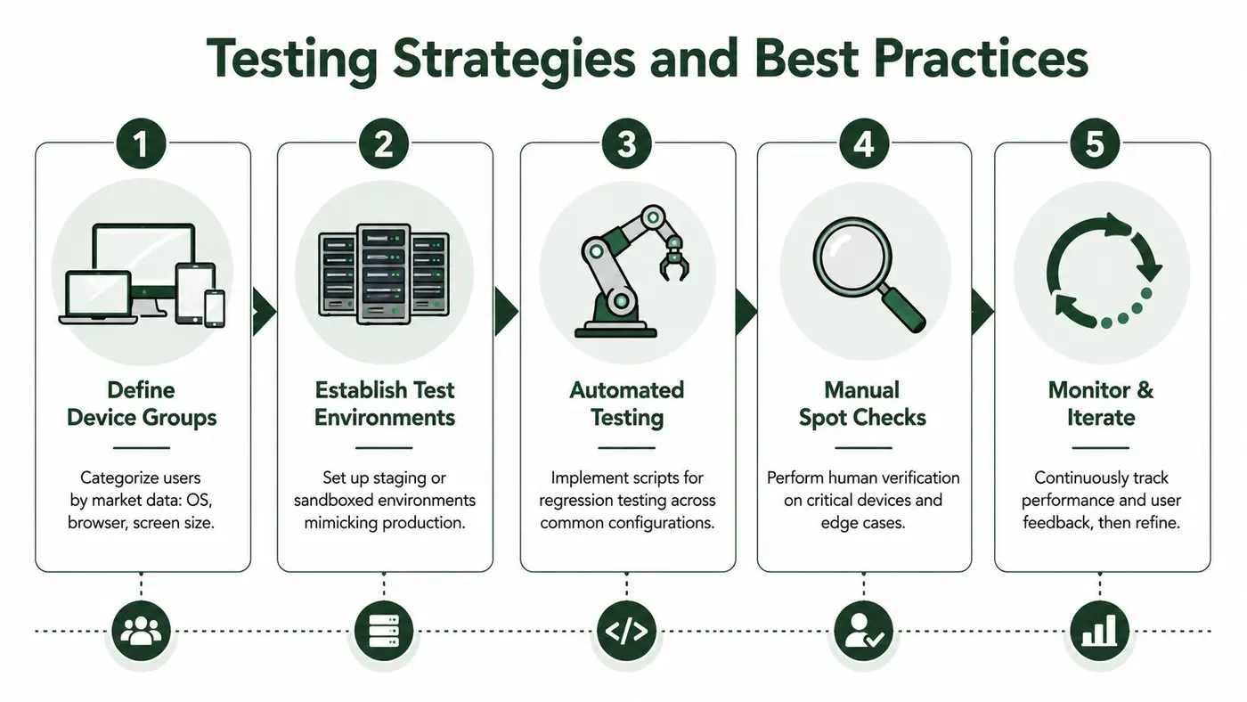 A five-step infographic illustrating a strategic approach to software testing across various device configurations and environments.