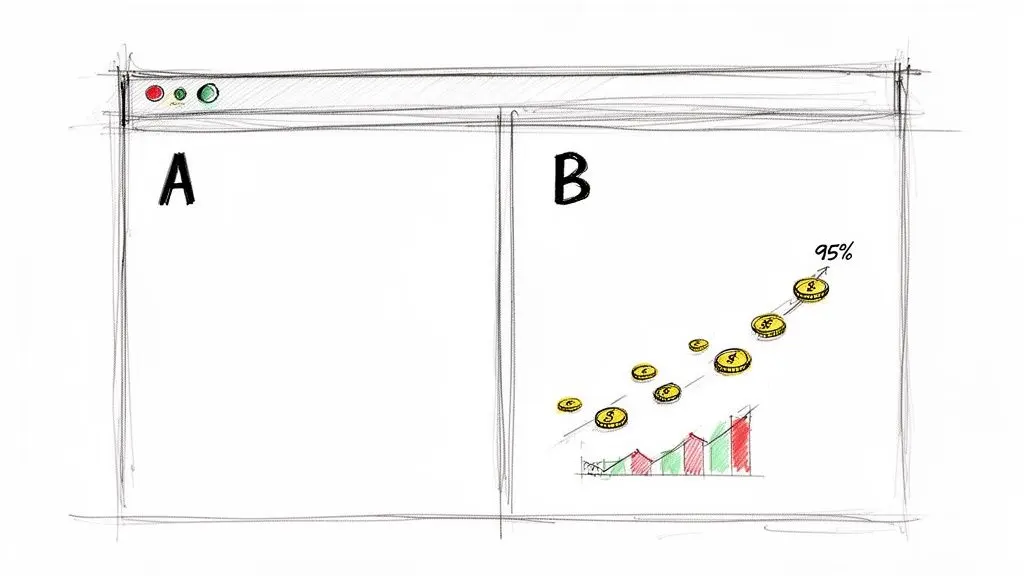 Sketch of a browser window showing A/B test. Version B displays a 95% increase in visitor statistics with rising coins.