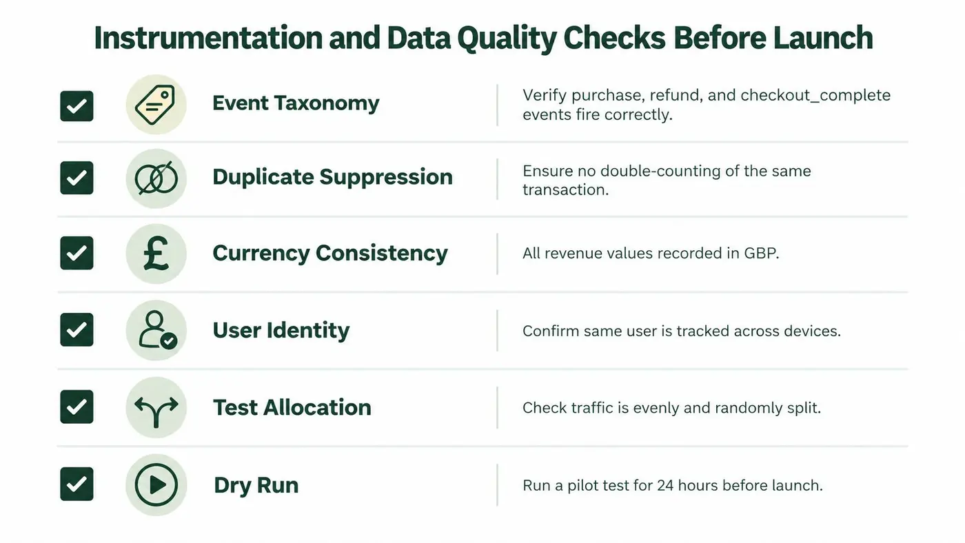 A checklist for instrumentation and data quality checks required before a business campaign launch.