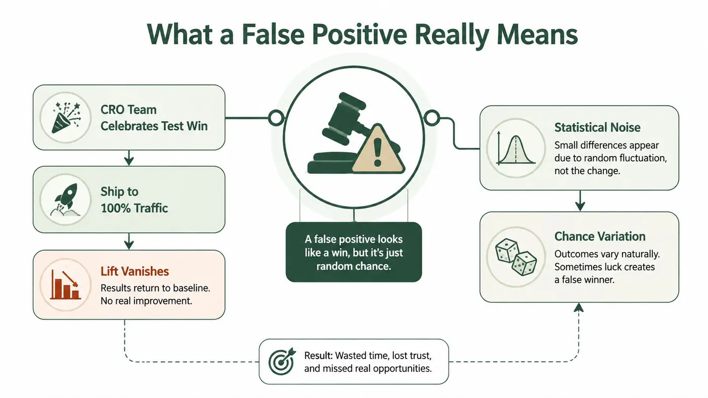 A diagram explaining false positives in A/B testing, showing how random chance leads to invalid test wins.