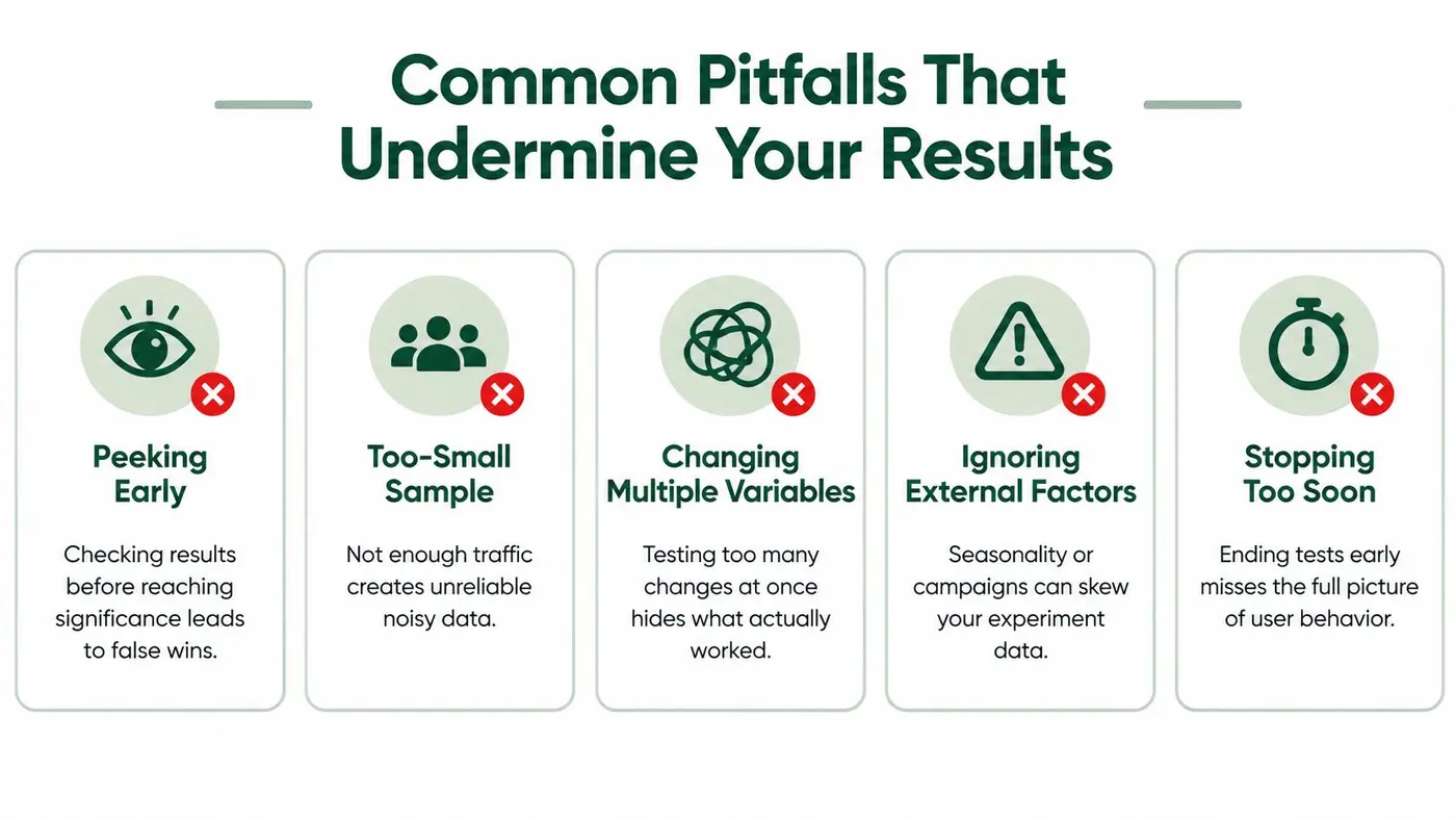 An infographic detailing five common pitfalls that undermine A/B testing results such as peeking early and small samples.