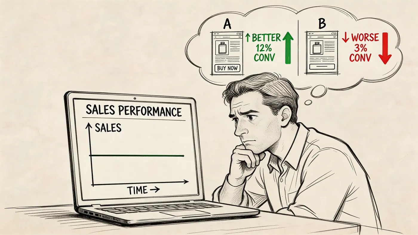 A man looking at a laptop showing stagnant sales while thinking about A/B test conversion results.