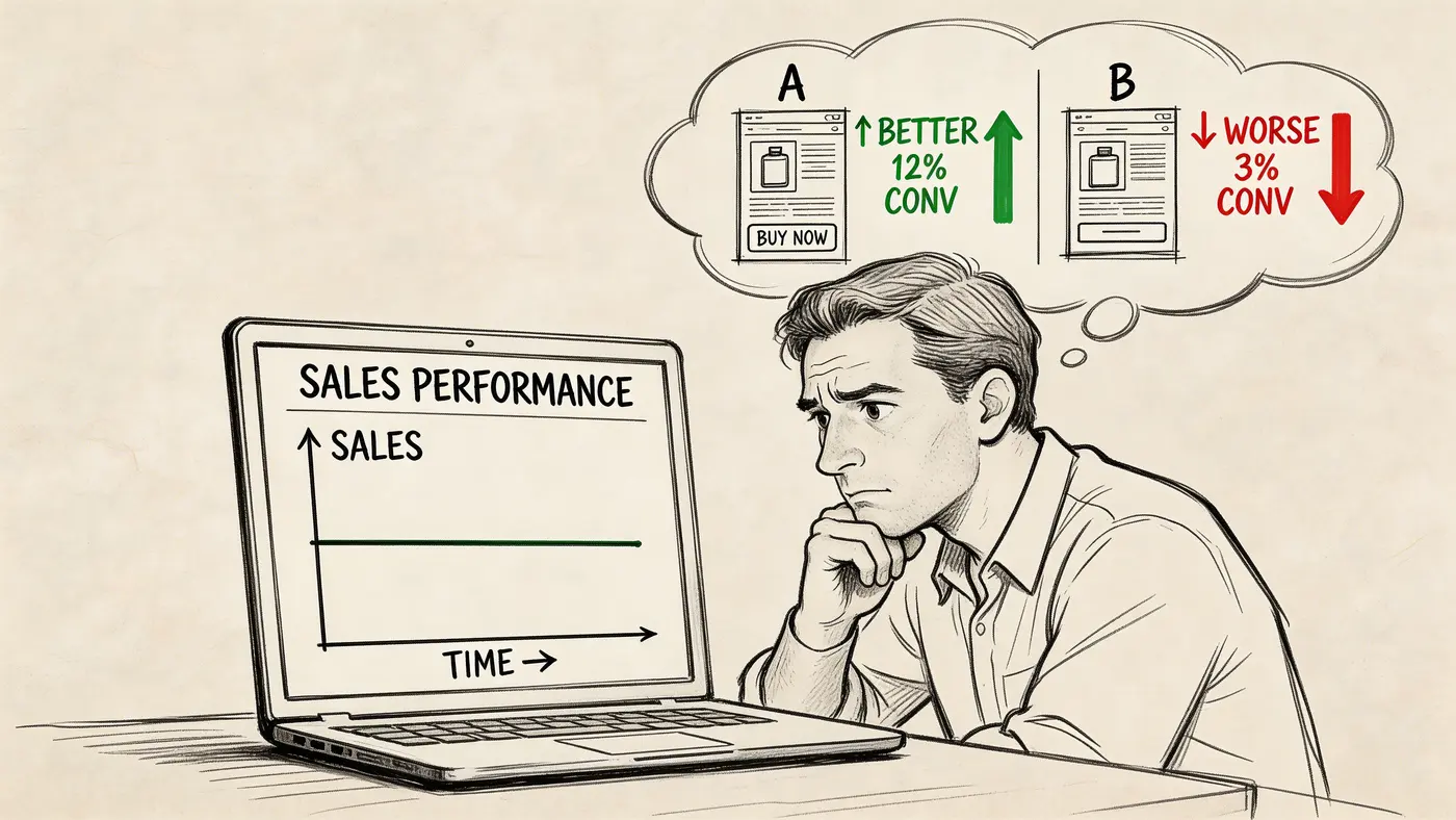 A man looking at a laptop showing stagnant sales while thinking about A/B test conversion results.