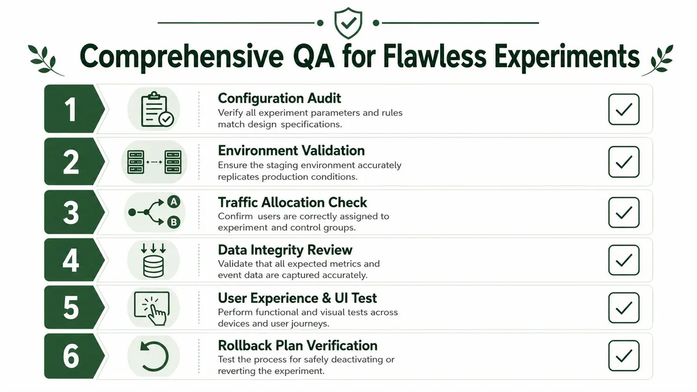 A six-step infographic for comprehensive quality assurance testing during digital experiments to ensure flawlessness.