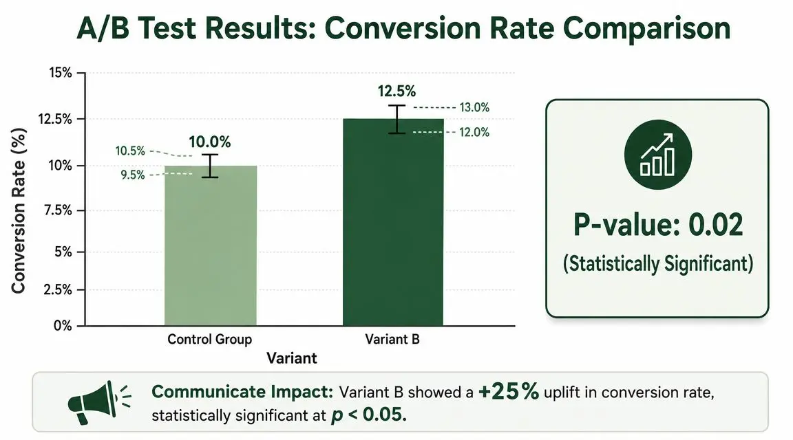 A bar chart comparing conversion rates between a Control Group and Variant B showing statistical significance.