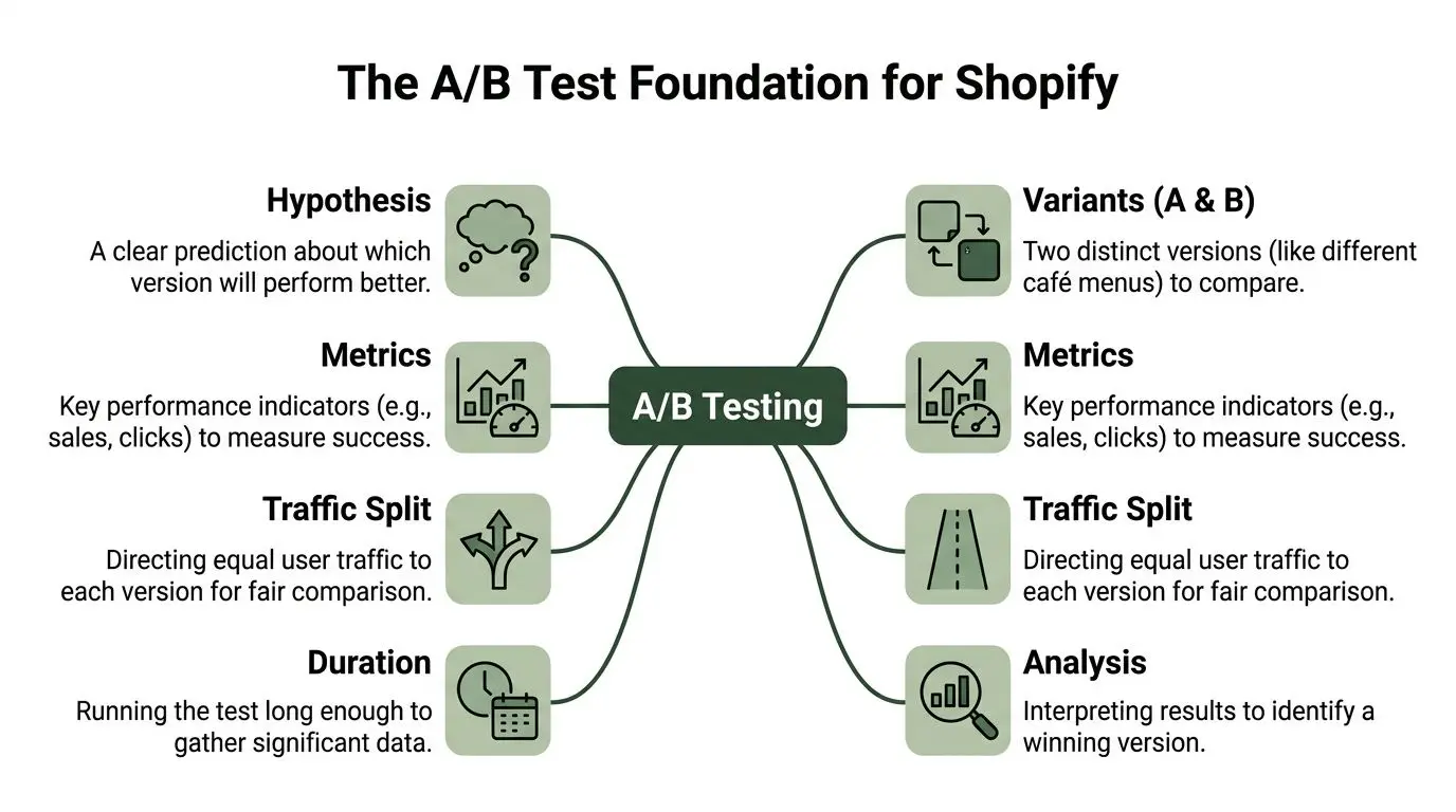A diagram illustrating the foundation of A/B testing for Shopify, outlining key elements like hypothesis and metrics.