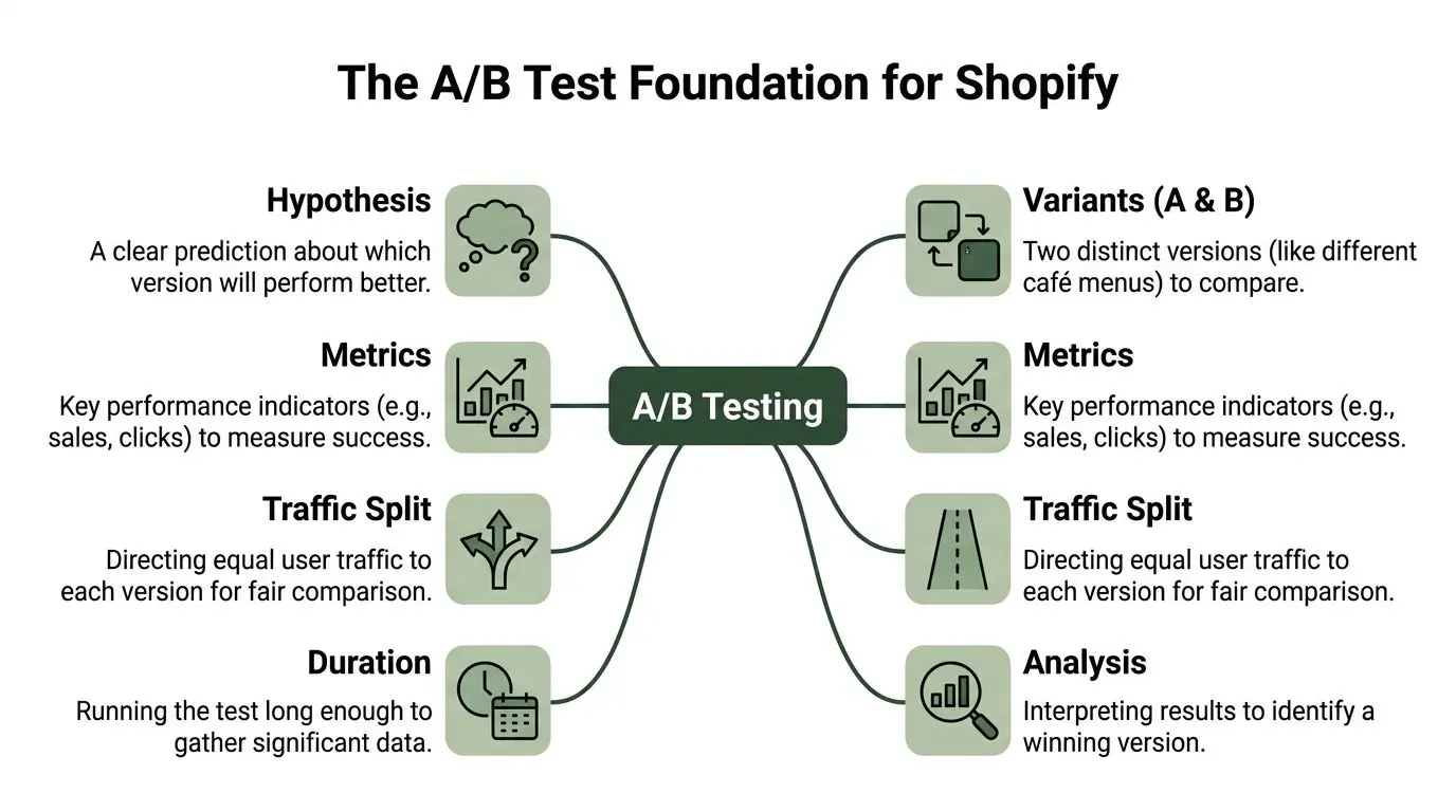 A diagram illustrating the foundation of A/B testing for Shopify, outlining key elements like hypothesis and metrics.