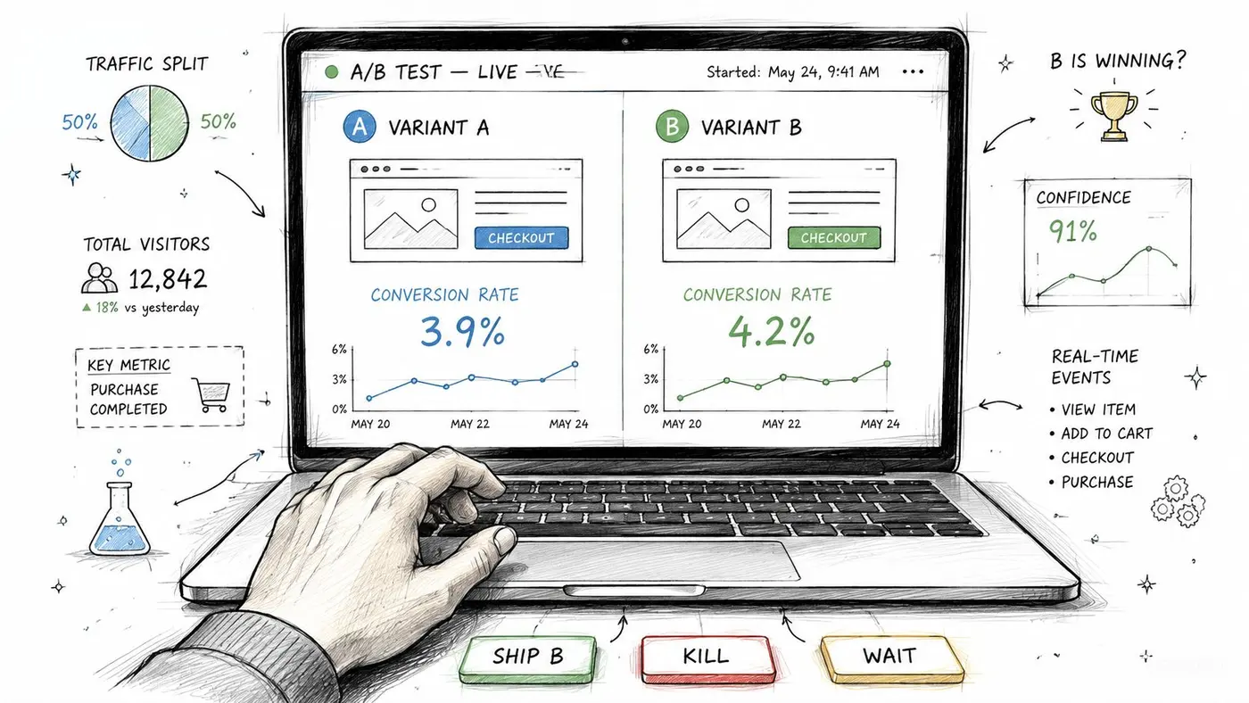 A hand operating a laptop displaying an A/B testing dashboard for comparing two website design variations.