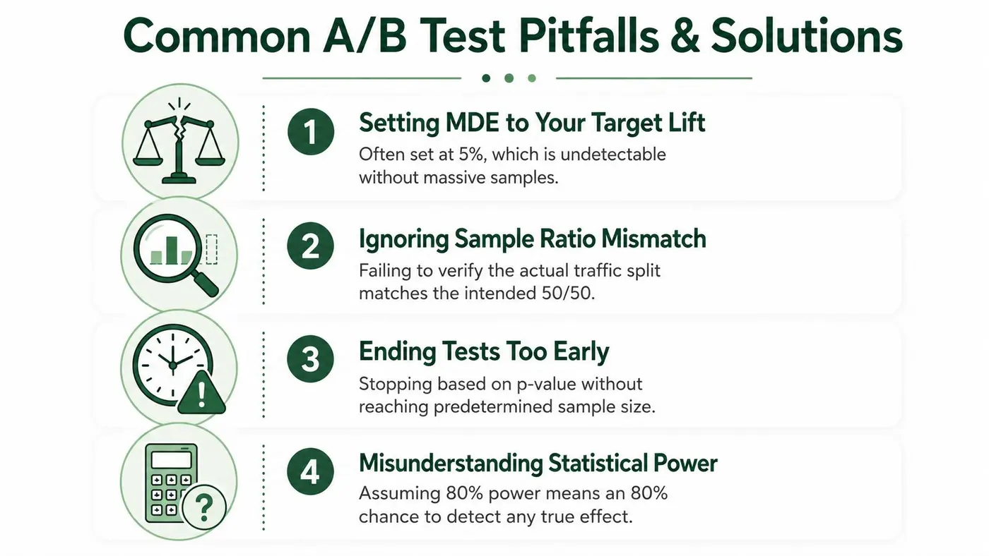 A graphic listing four common pitfalls in A/B testing, including statistical power and sample size mistakes.