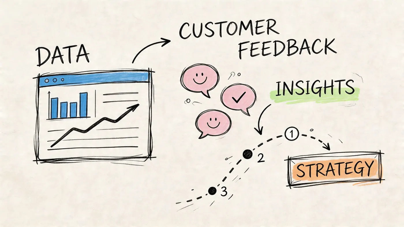 A conceptual diagram showing the flow from data and customer feedback to business insights and actionable strategy.