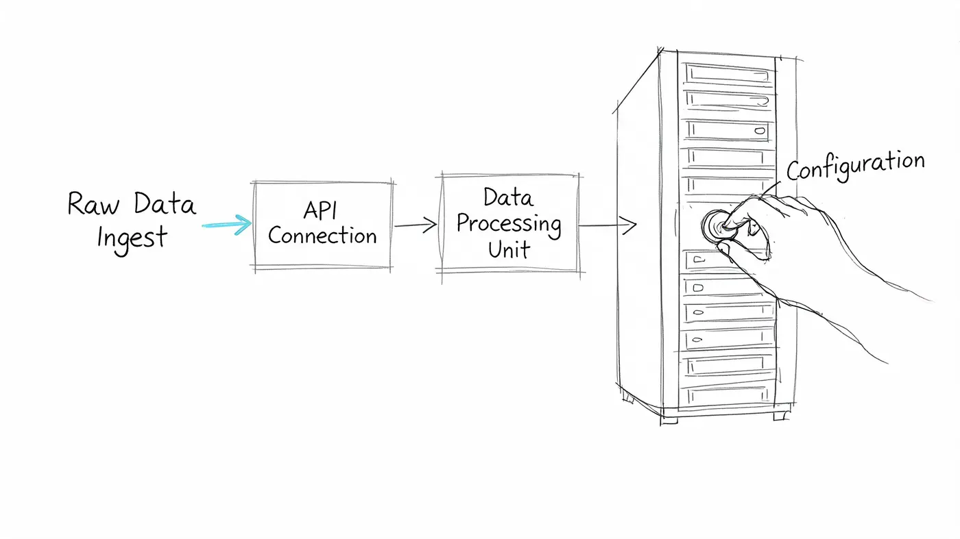 A diagram illustrating a data pipeline from raw data ingest to processing and server configuration.