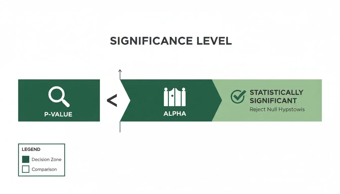 Flowchart illustrating statistical significance: P-value compared to Alpha to reject the null hypothesis.
