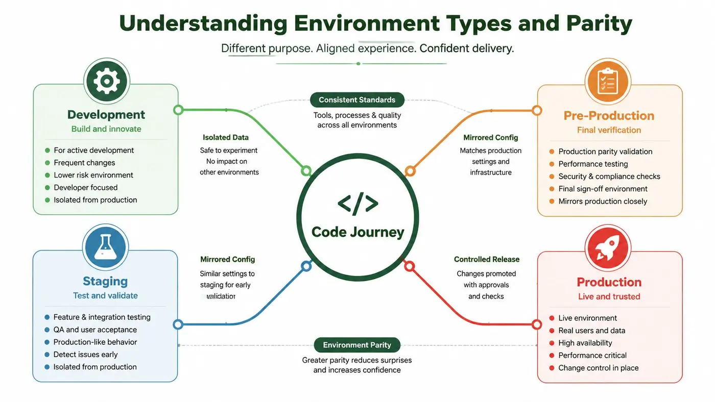 A diagram illustrating the four software environment types: development, staging, pre-production, and production in a development lifecycle.
