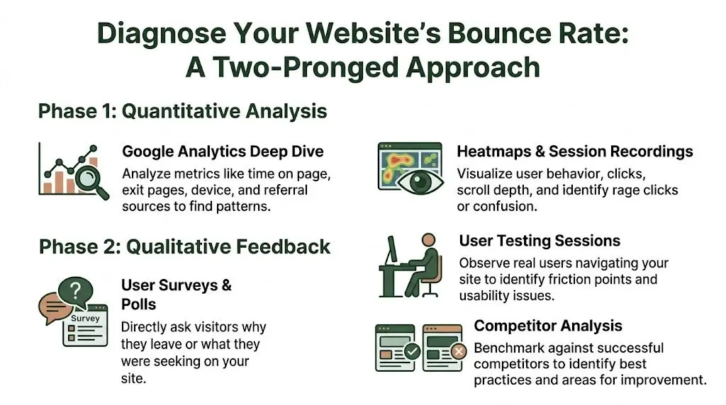 An infographic showing a two-pronged approach to diagnosing website bounce rates through quantitative and qualitative analysis methods.